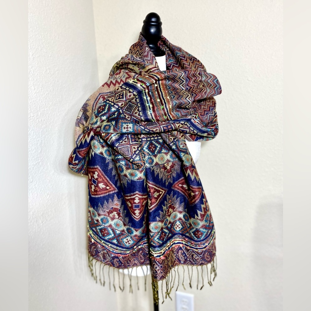 Pashmina Wrap Scarf Geometric Pattern Embellished 76” x 26,5”